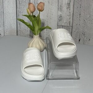Bebe Women's Slide Sandals Size (8)White Platform Pool Slides Logo New